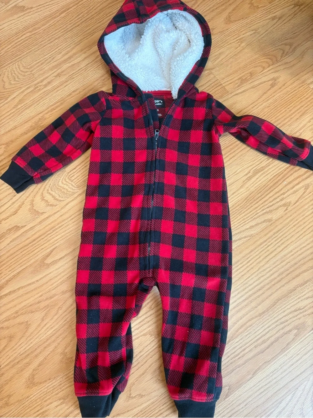 Carter's Red and Black Buffalo Plaid Hooded Footie